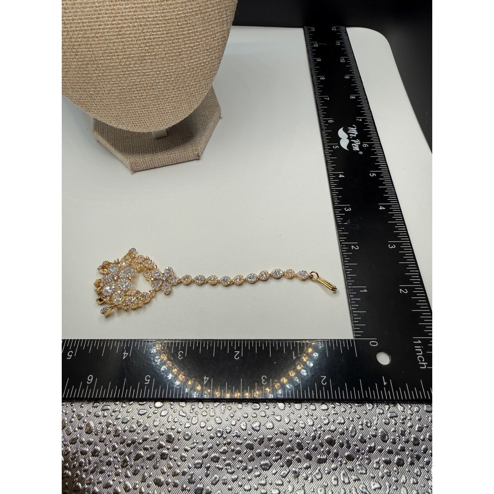 Gold Tone CZ Floral Maang Tikka Indian Bridal Headpiece Chandelier Hair Jewelry - Picture 3 of 4
